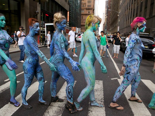 Body painting times square nude women Nsfw Photos Nude Models In Body Paint Swarm Times Square Gothamist
