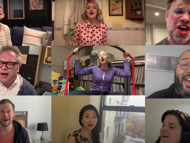 A screenshot of a YouTube video with Broadway actors singing a remind to stay at home.