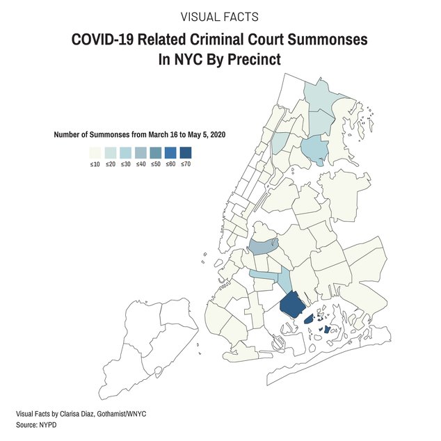 Heat map of the five boroughs broken down by precinct that shows areas where summons have been issued. The more summonses issued, the darker the color. Brooklyn and the Bronx have had the most summonses. The 69th precinct in Canarsie had the most.