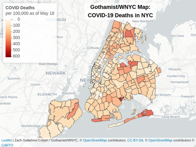 Heat map showing highest deaths per capita in the five boroughs. The map is broken down by by zip code and gets darker with higher death rates. Communities in Queens, South Brooklyn and the Bronx have higher death per capita rates than Manhattan. East New York, East Elmhurst, College Point, Corona and the East Bronx have some of the highest rates.