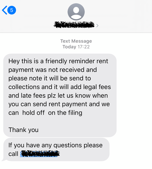 A screenshot of a threatening text message sent to a tenant in the building the day men arrived to bang on doors to collect rent.