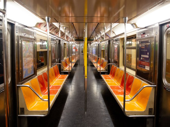 An empty subway car in May 2020.