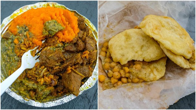 Curry Goat on Peas and Rice with Pumpkin and Callaloo (left); $2 Doubles