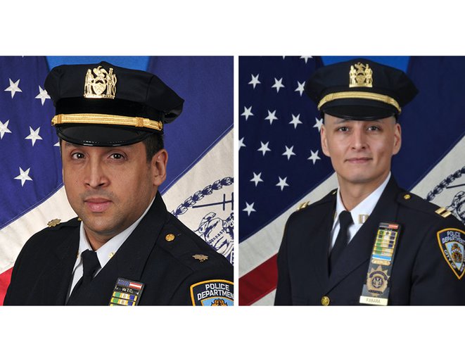 A portrait photograph of Deputy Inspector Osvaldo Nuñez of the 47th Precinct on the left and Captain Carlos Fabara of the 100th Precinct on the right. The two have the two highest number of complaints filed with the Civilian Complaint Review Board.