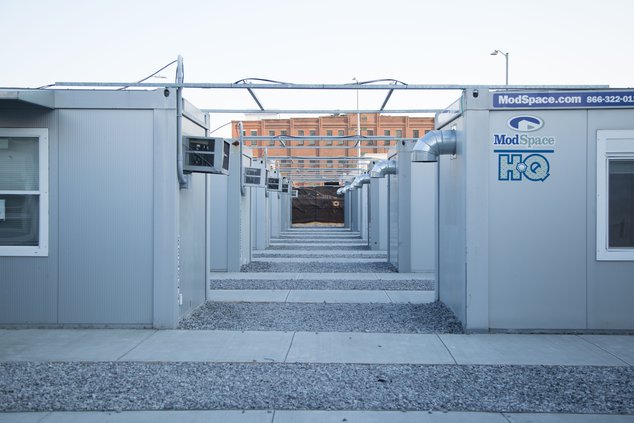 An external view of the vaccination units installed at the Brooklyn Army Terminal on January 12th, 2021.