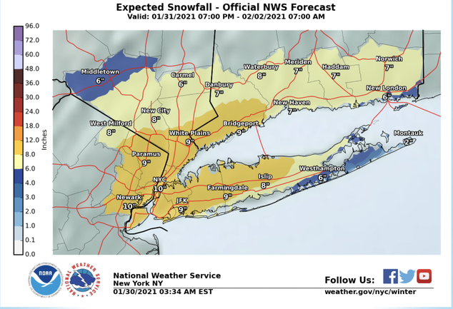 A screenshot of the National Weather Service's possible snowfall in the region as a blizzard bears down on the city.