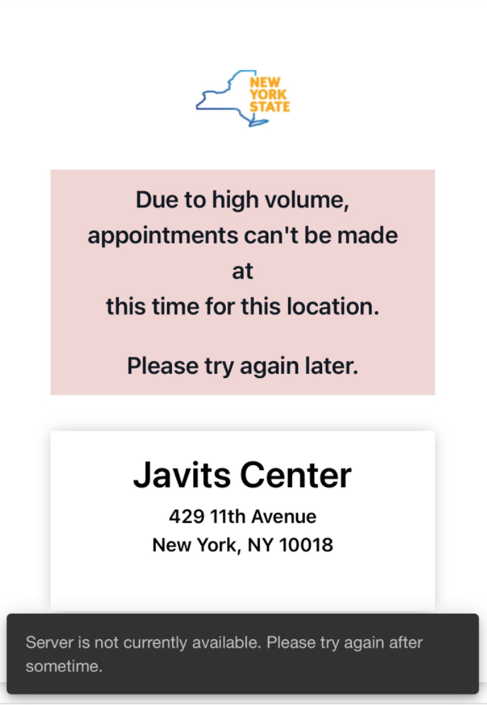 A screenshot of error messages showing up on New York state's vaccine sign-up website on February 14th, 2021.