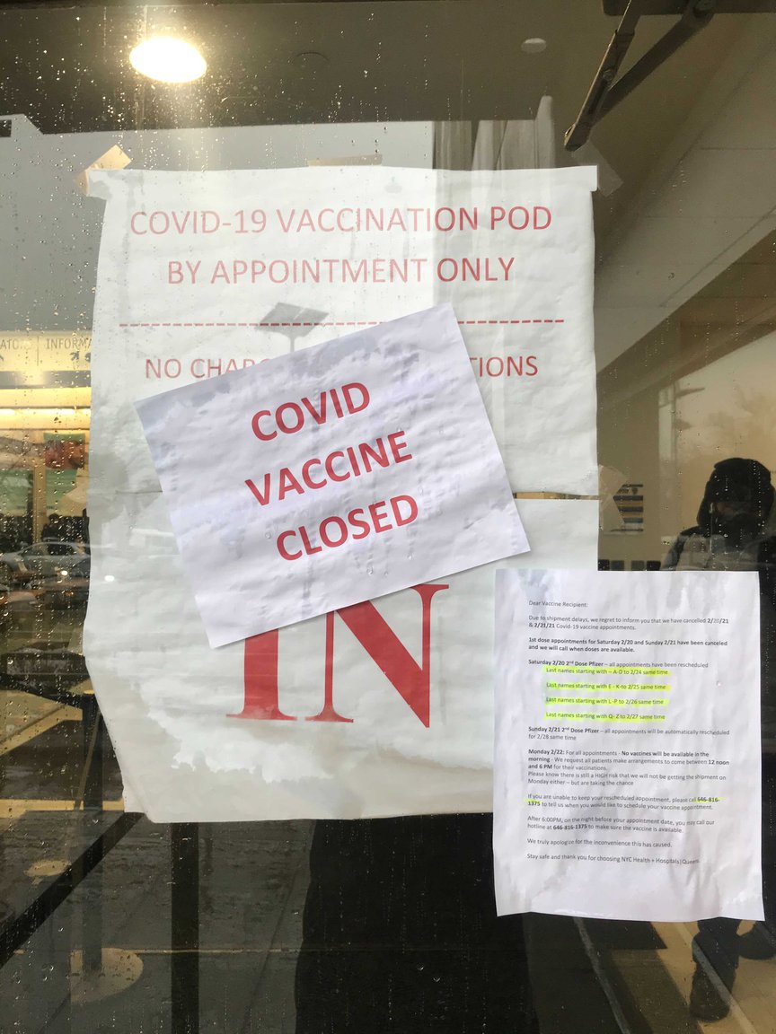 Some people showed up at Queens Hospital Center Monday looking to get a second dose of the vaccine after their original appointments had been canceled due to shipping delays.