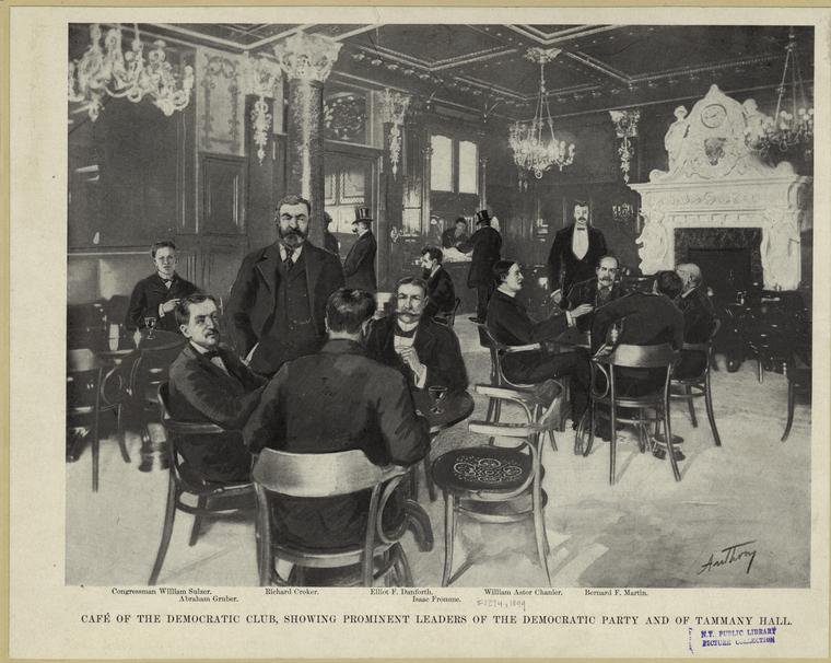 Café of the Democratic Club, showing prominent leaders of the Democratic party and of Tammany Hall. 1899.