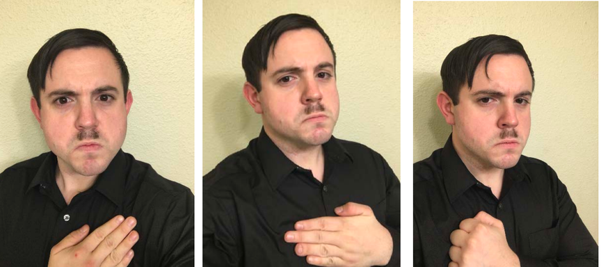 A series of photographs showing Hale-Cusanelli in a black shirt and a Hitler mustache, with his hair styled like Hitler and his hand over his chest
