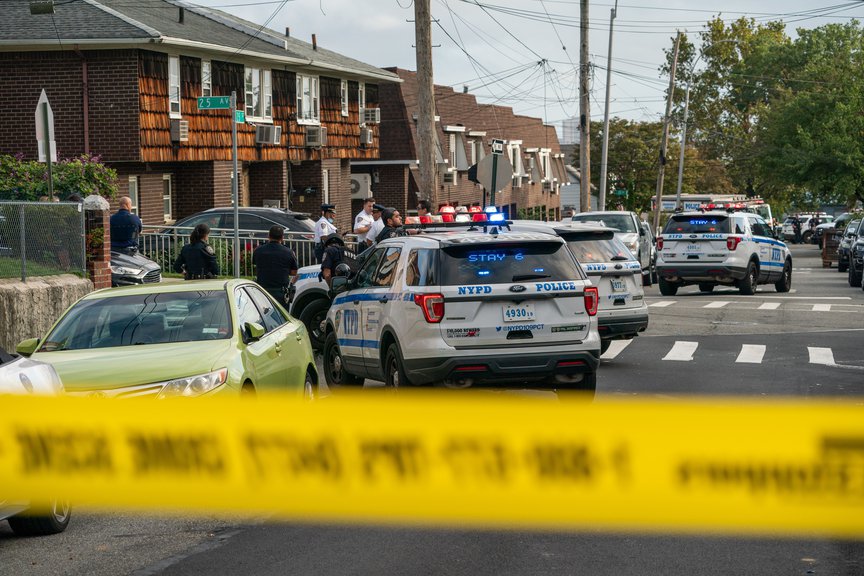 Police respond to a shooting in the 109th Precinct in Queens on September 13th, 2020.