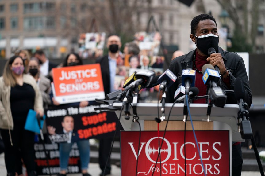 Public Advocate Jumaane Williams speaks during a demonstration decrying New York Governor Andrew Cuomo's handling of nursing homes.