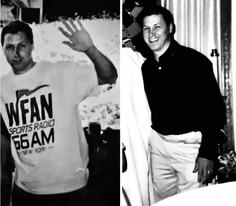 Black and white photographs of Peter Patrassi; on the left, he waves at the camera while wearing a WFAN Sports Radio t-shirt, on the right, he is wearing a button down shirt and smiling at the camera