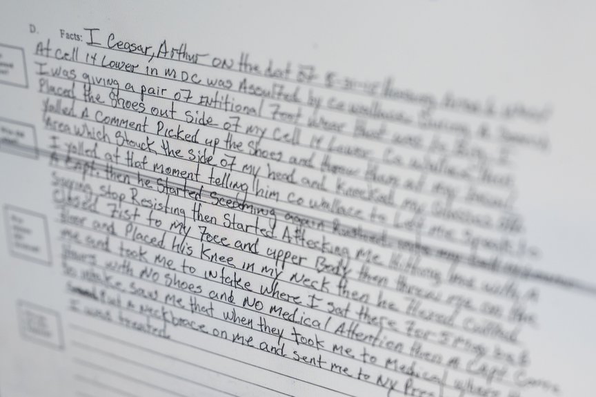 A handwritten pro-se lawsuit by former inmate Arthur Ceasar accusing correction officer Lawrence Wallace of assault.