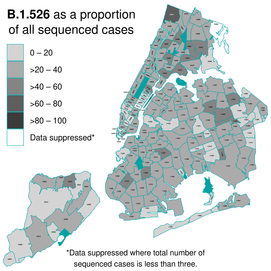 A map showing the spread of cases of the New York City variant, or B.1.526.