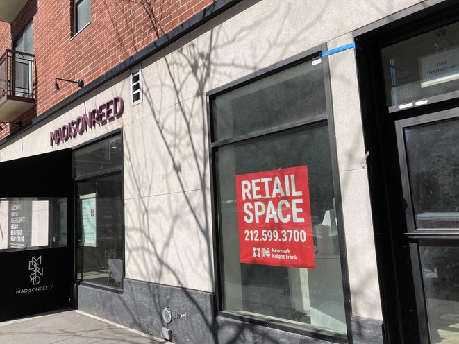 Vacant storefronts along Third Avenue, with a sign that says 'RETAIL SPACE AVAILABLE'