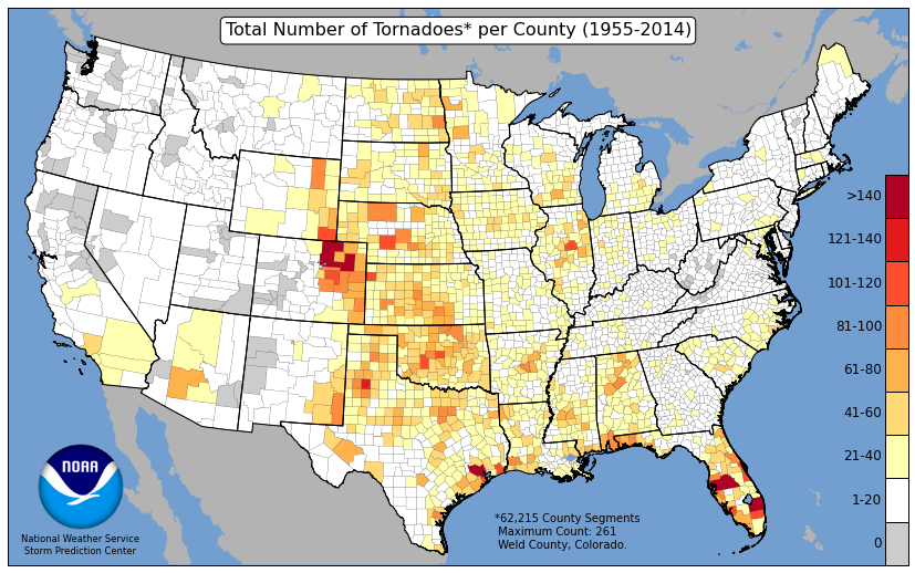 U.S. tornado frequency map