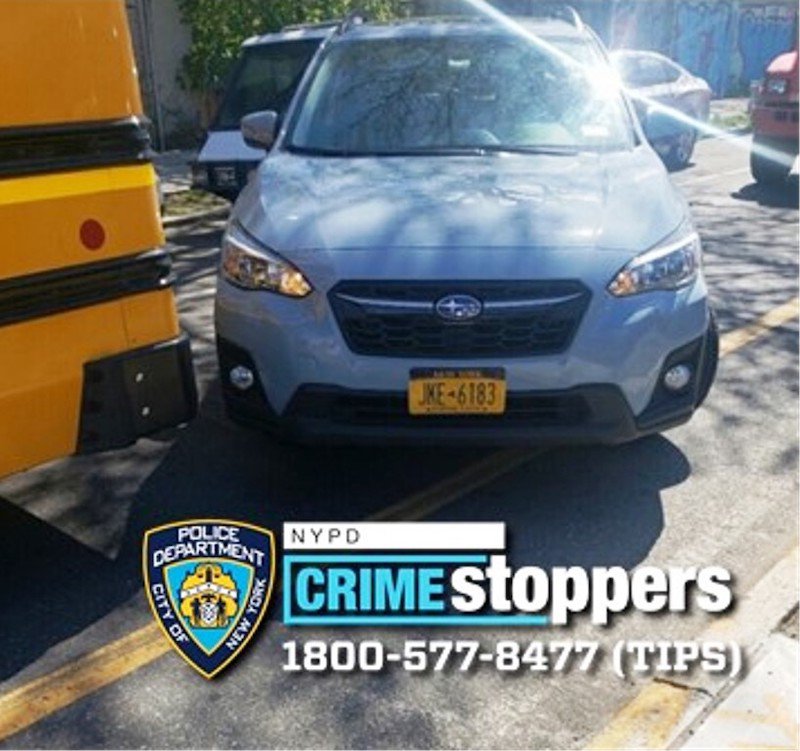 A photo of the Subaru Crosstrek SUV with New York plates JKE-6813. Police say the driver of this SUV hit a bus driver and fled during a road confrontation.