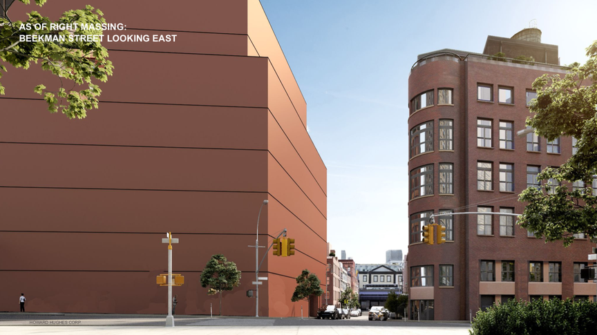 A view of Beekman Street with a rendering of what the completed building would look like -  a huge building on the left