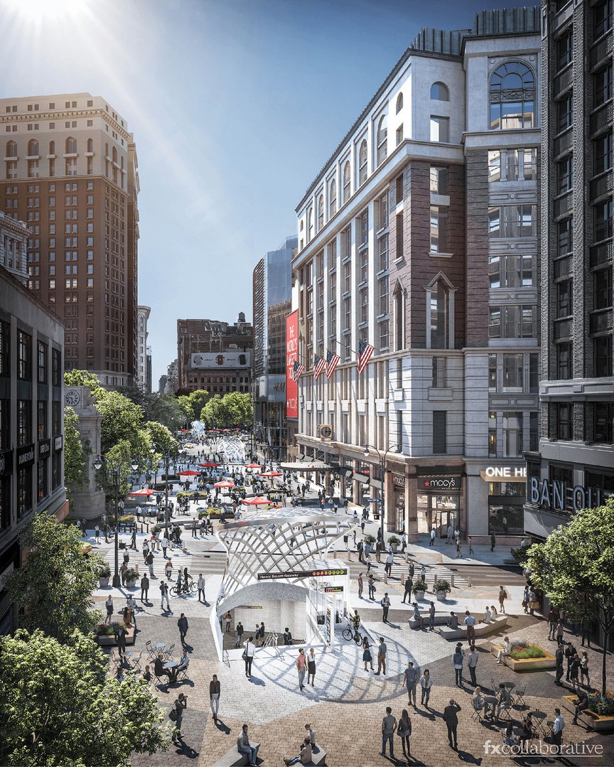 Rendering of aerial look at Herald Square, with improved sidewalks a new transit entrance