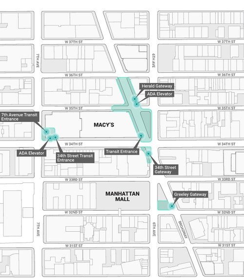 A map of the area around Macy's, with indicators showing where the subway entrances and other improvements wouldbe