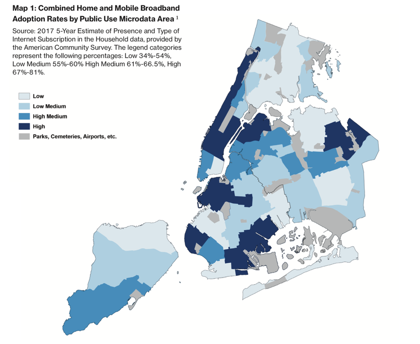 A map showing how broadband internet is mostly in wealthier areas of the city