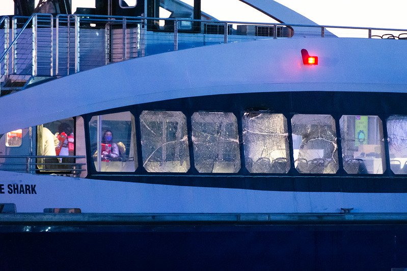 The windows of the ferry following the crash