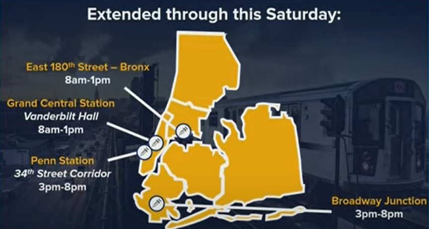 A map of where the MTA's vaccine program continues through Saturday at East 180th Street in the Bronx, Grand Central Station, Penn Station, and Broadway Junction.