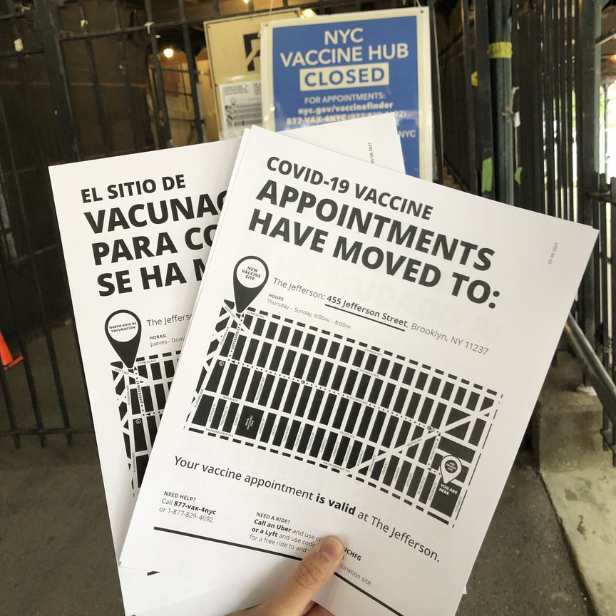 A Bed Stuy Strong member designed flyers to post at the shuttered Bushwick Educational Campus. They're handing them out to people who showed up unaware of the site’s relocation.