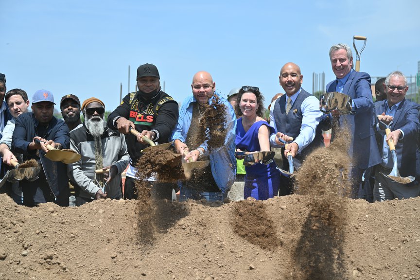Nas, Fat Joe, LL Cool J, Mayor Bill de Blasio and dignitaries LL Cool J deliver remarks at the groundbreaking of Bronx Point and the Universal Hip Hop Museum in the Bronx in New York.