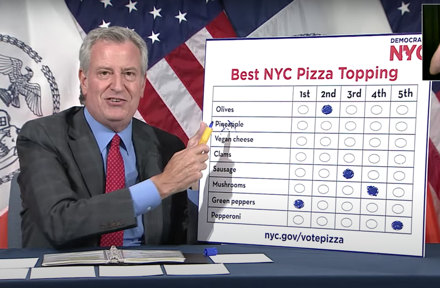 A photo of Mayor Bill de Blasio and his ranked choice pizza toppings ballot