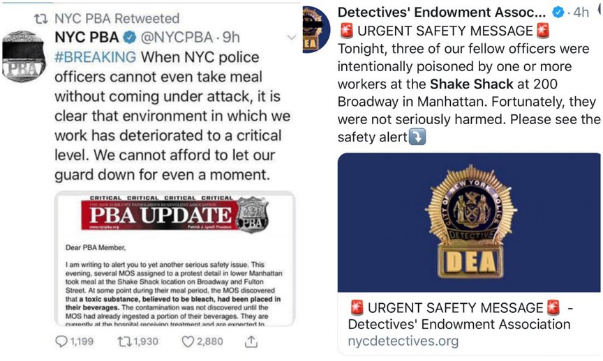 Since-deleted tweets from the PBA and the DEA alleging that officers were poisoned at Shake Shack