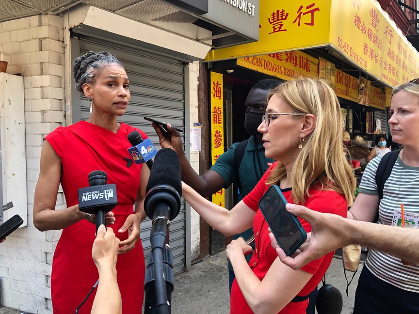 Maya Wiley addressed reporters after a get out the vote rally in Chinatown on Sunday, June 20.