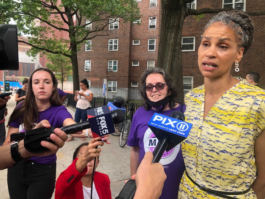 A photo of Maya Wiley talking to reporters on Primary Day 2021