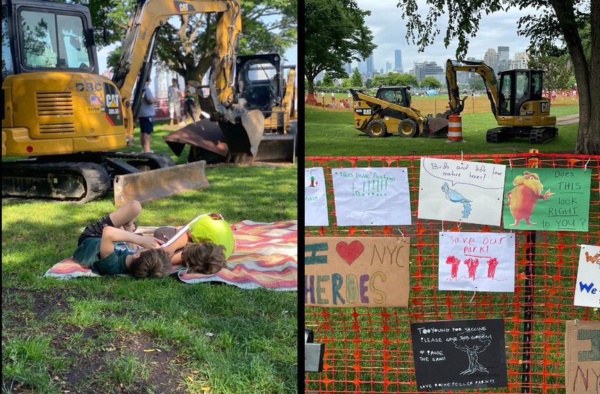 A photo of kids playing in front of bulldozers in Battery Park City, and a photo of signs left in front of a fence there