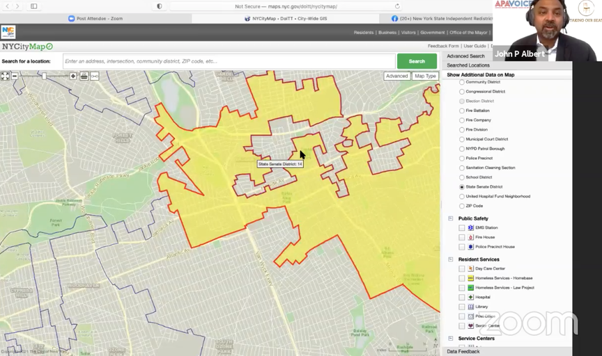 A highlighted portion of the 14th Senate District that appears like a jigsaw puzzle.