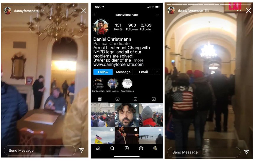 Screen grabs from Daniel Christmann's instagram account showing two images from his Stories from inside the capitol (you see the building's walls, with other rioters) and a screengrab of his overall instagram page
