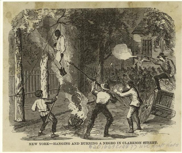 A drawing of a lynching during the riots