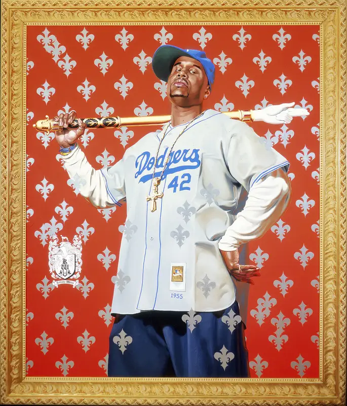 A painting of a man in a baseball jersey.