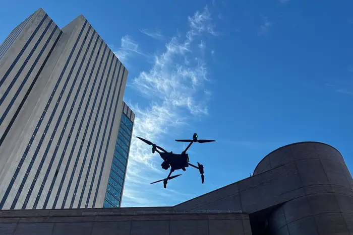 Police demonstrate a drone deployment at police headquarters.