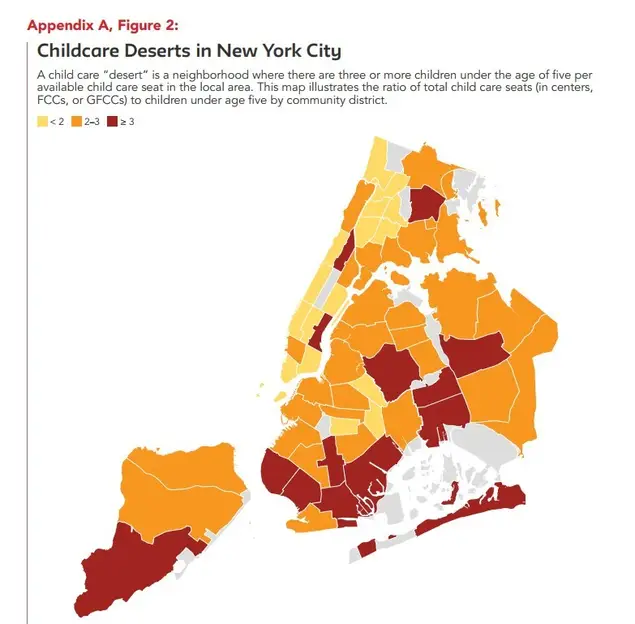 A map of childcare deserts in New York City.