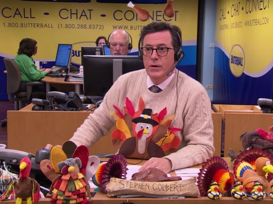 Videos: Stephen Colbert Unleashes His Improv Gifts On The Butterball Turkey  Hotline - Gothamist